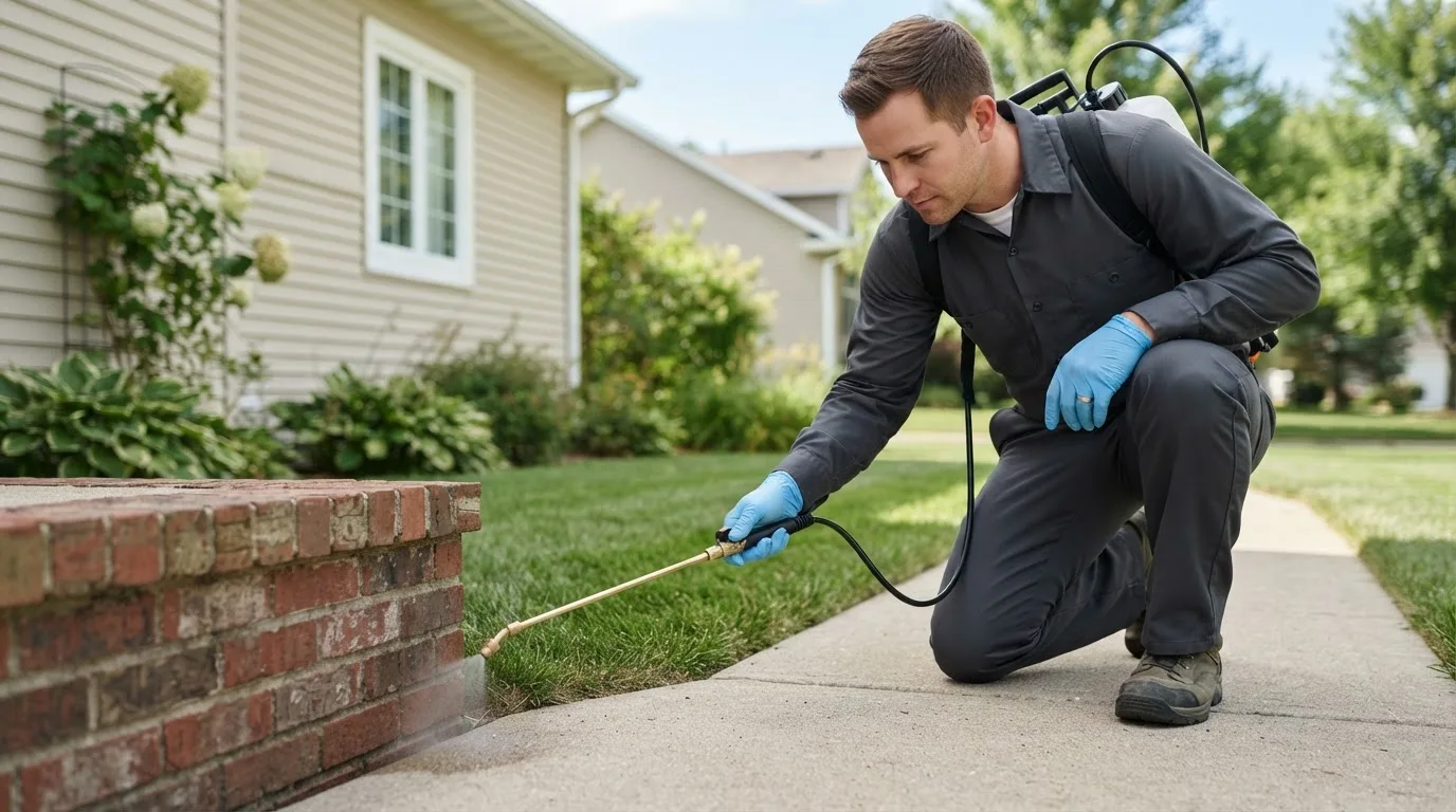 Pest control technician treating a home near Haugen, WI
