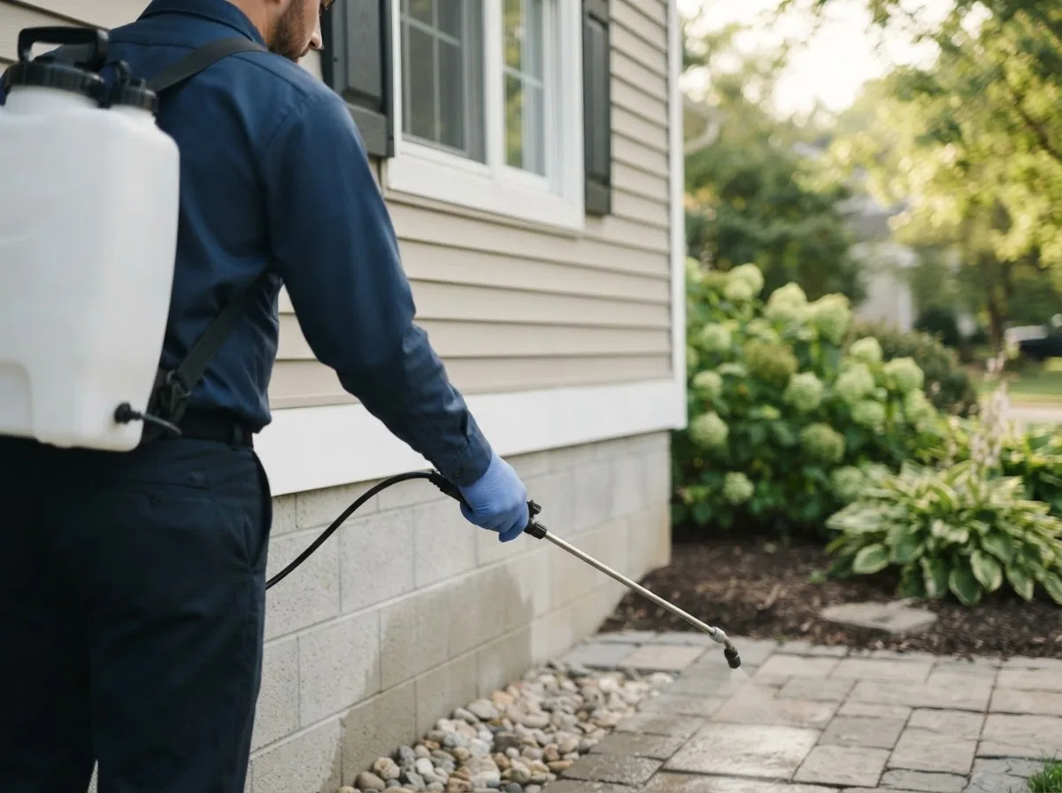 Pest control technician inspecting a home in Haugen, WI